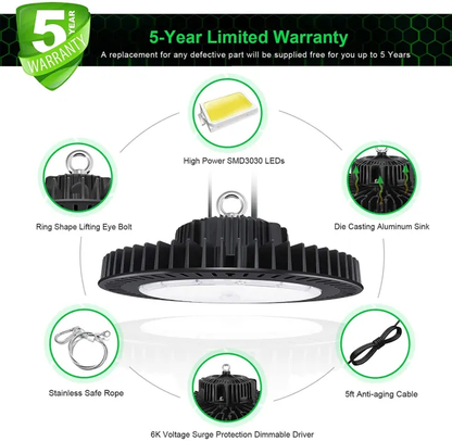 150W UFO LED Industrial High Bay Light for Warehouse with 21,000 Lumens, 5000K Daylight White, Black Finish - Lumens Depot