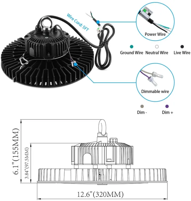 150W UFO LED Industrial High Bay Light for Warehouse with 21,000 Lumens, 5000K Daylight White, Black Finish - Lumens Depot