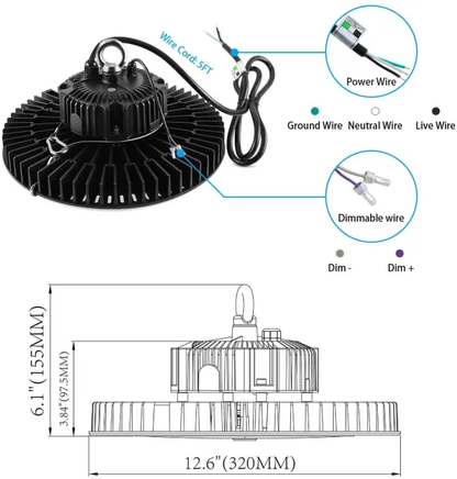 150W UFO LED Industrial High Bay Light for Warehouse with 21,000 Lumens, 5000K Daylight White, Black Finish - Lumens Depot
