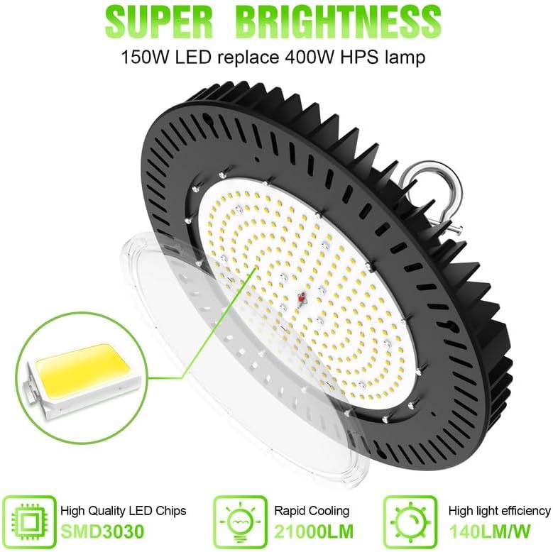 150W UFO High Bay LED Light – 21,000 Lumens, 5000K Daylight, Dimmable, Energy-Efficient Commercial Lighting for Warehouses, Factories & Large Spaces - Lumens Depot