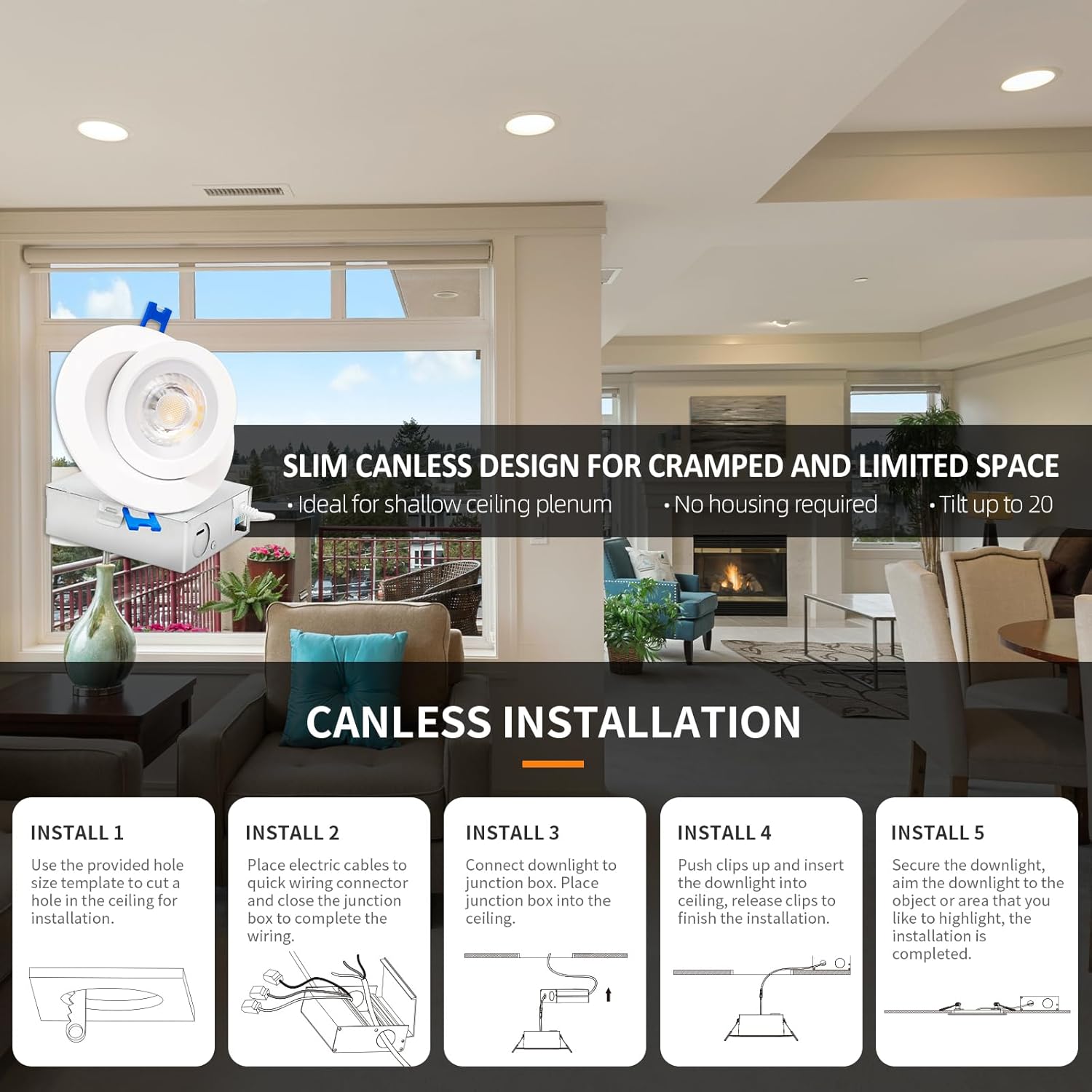 3-Inch Gimbal LED Recessed Downlight, 5CCT, 6W, 345LM, CRI 90+, ETL/Energy Star/T24 - Lumens Depot