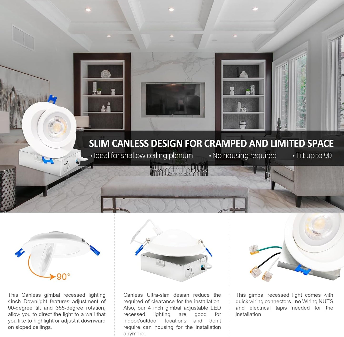 3-Inch Gimbal LED Recessed Downlight, 5CCT, 6W, 345LM, CRI 90+, ETL/Energy Star/T24 - Lumens Depot