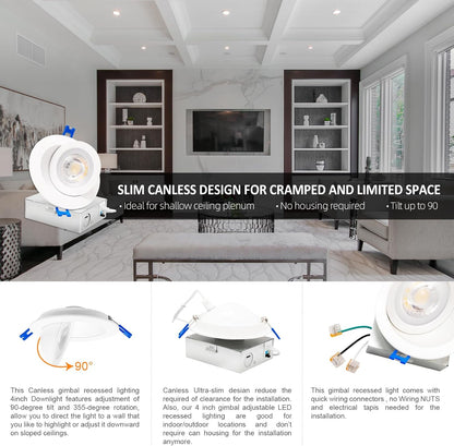 3-Inch Gimbal LED Recessed Downlight, 5CCT, 6W, 345LM, CRI 90+, ETL/Energy Star/T24 - Lumens Depot