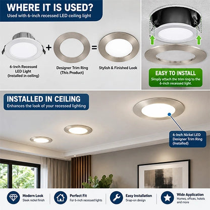6-Inch Nickel LED Recessed Ceiling Light Designer Trim Ring