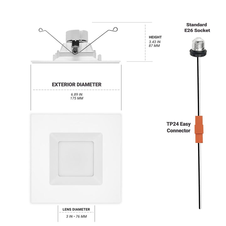 6" Square  Retrofit LED Downlight, 5CCT, 1100LM, Dimmable, Wet Rated.