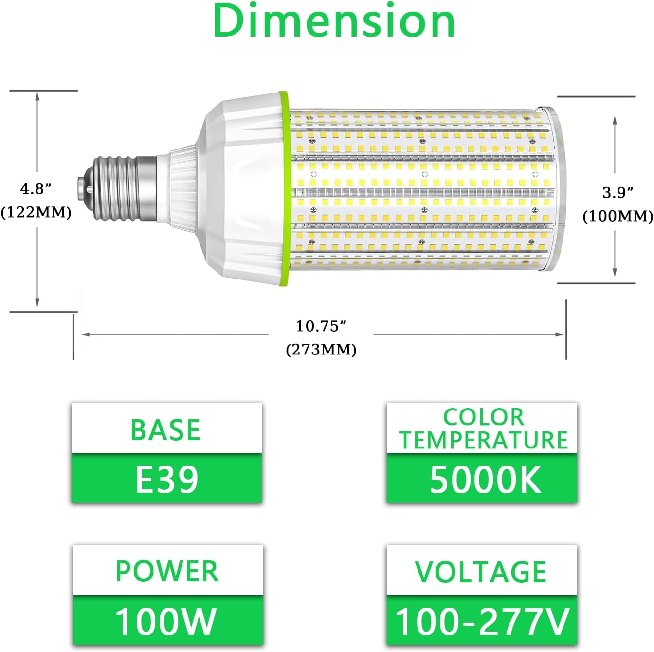 LED Corn Bulb, 100W, 15,000 lumens, 5000K, E39 Base, 277-480 VAC, 480 VAC HID Replacement - Lumens Depot