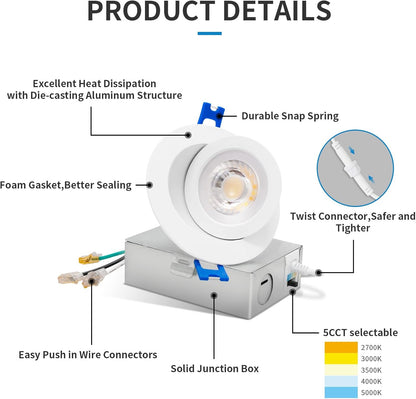 4-Inch LED Canless Gimbal Spot Light with 5 CCT Selectable (2700K-5000K)