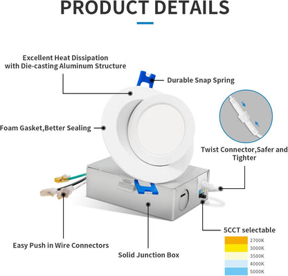 4" LED Flood Gimbal Light, 5CCT, 9W, 540lm