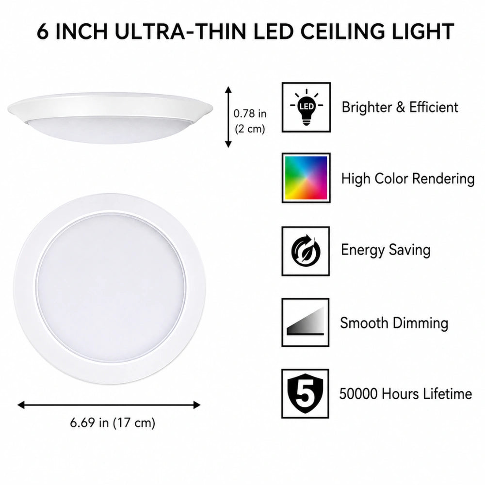 6 Inch Ceiling Light, Surface Mount, 15W, 3000K, 1,050LM, 120 VAC