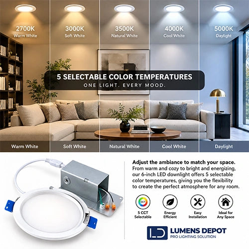 6 Inch LED Downlight, 12W, Selectable CCT, 900 Lumens, 120 VAC