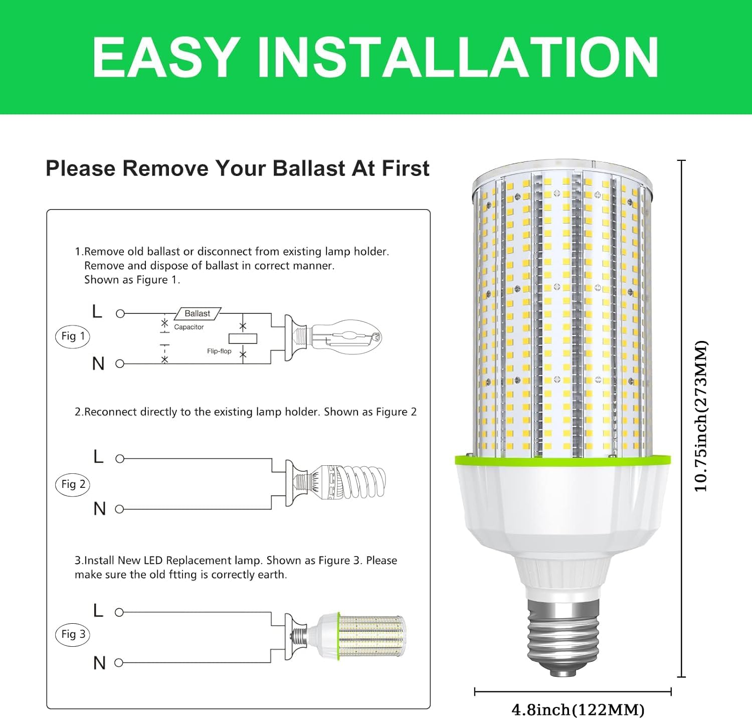 LED Corn Bulb, 100W, 15,000 lumens, 5000K, E39 Base, 277-480 VAC, 480 VAC HID Replacement - Lumens Depot