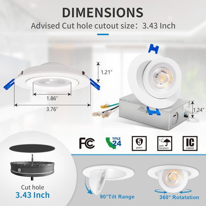 4-Inch LED Canless Gimbal Spot Light with 5 CCT Selectable (2700K-5000K)