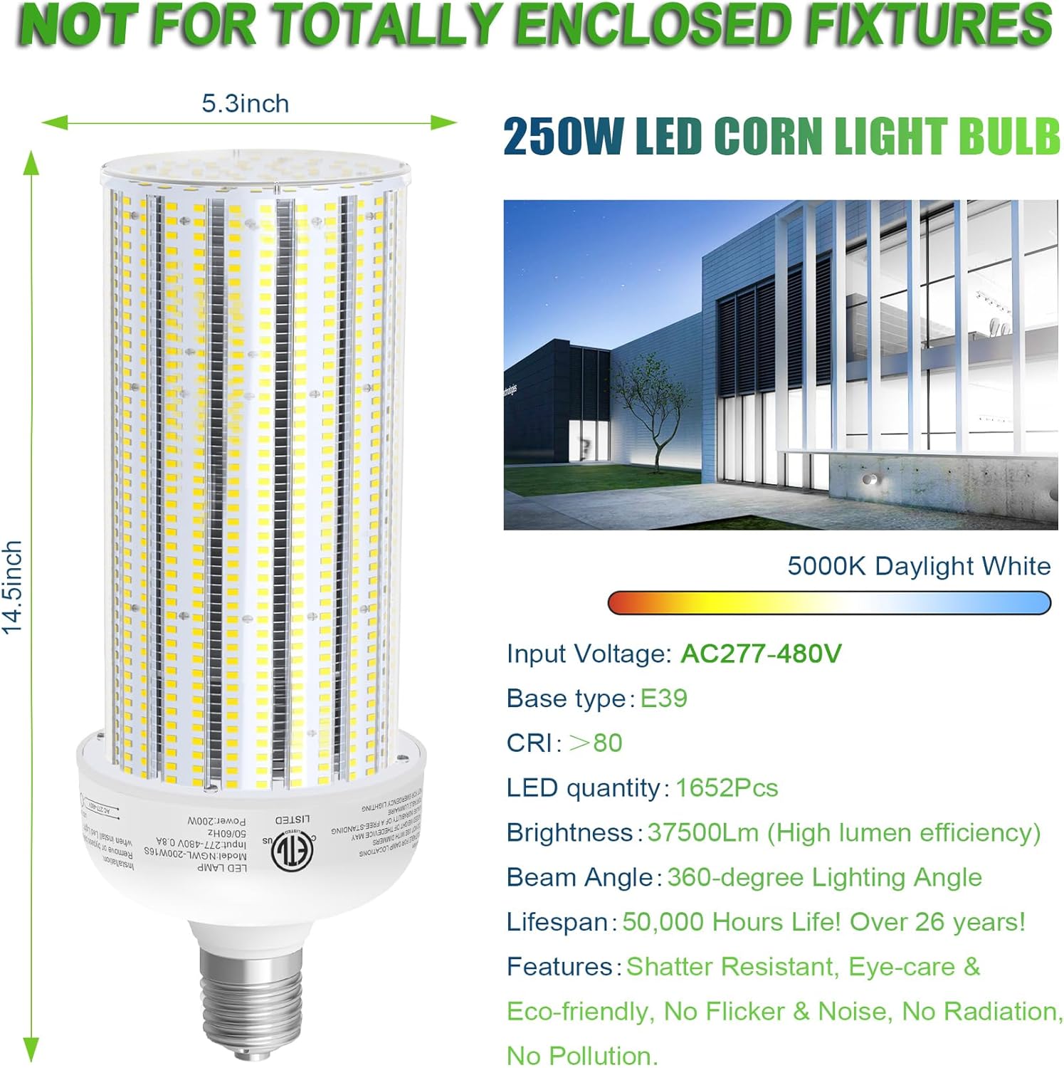 250W LED Corn Bulb, 37,500LM E39 Mogul Base, ETL Listed, 5000K Daylight, High Bay LED for Garage, Warehouse & Workshop, 277-480V - Lumens Depot