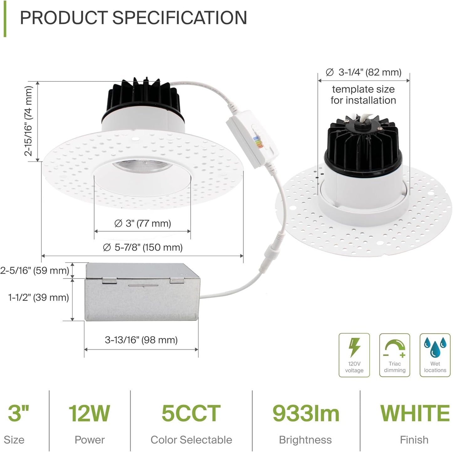 3" Trimless LED Downlight, 15W, 900LM, Round