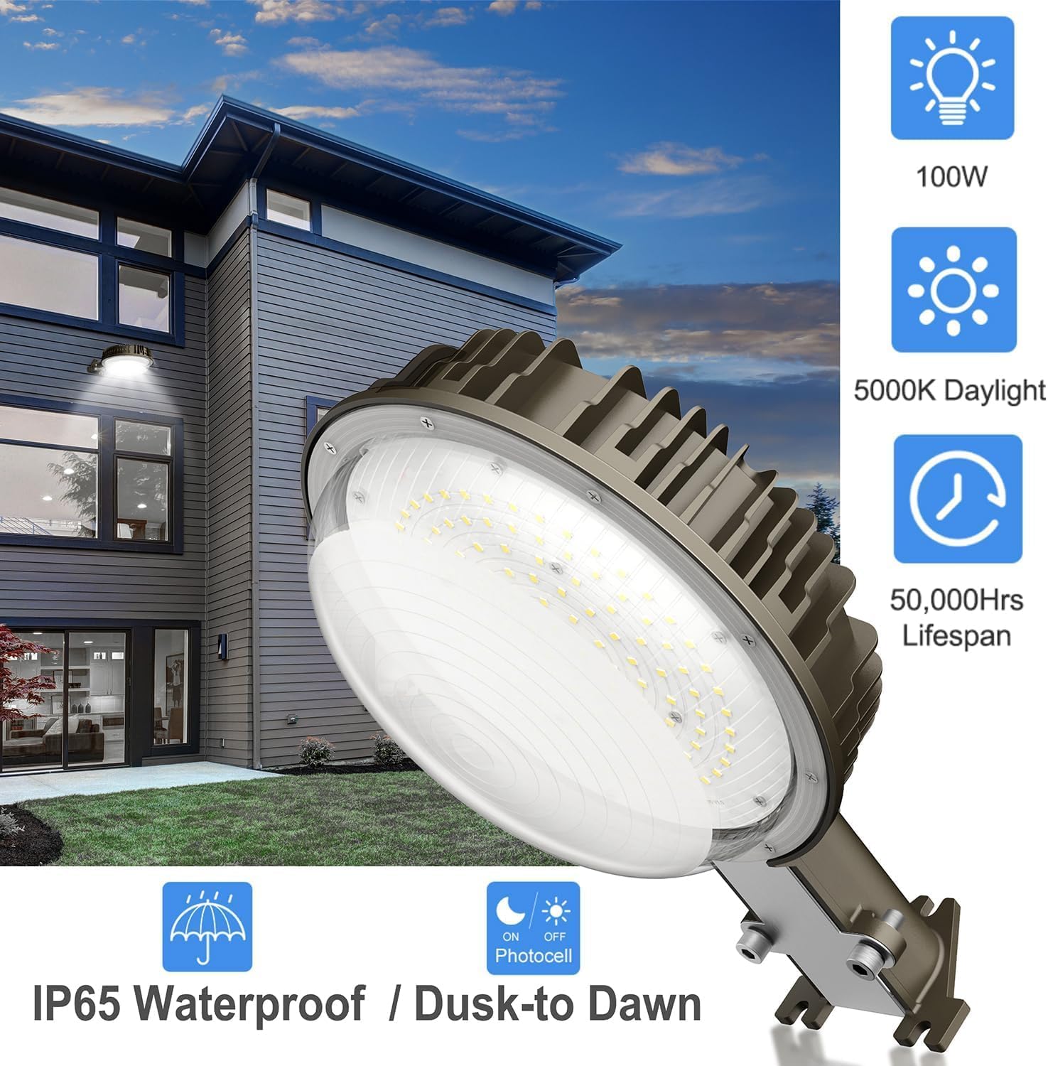 120W LED Barn Light with Photocell, 15,000LM, 5000K Daylight, IP65 Waterproof, ETL Listed, Outdoor Yard, Farm, Street, Security Flood Light Fixture - Lumens Depot