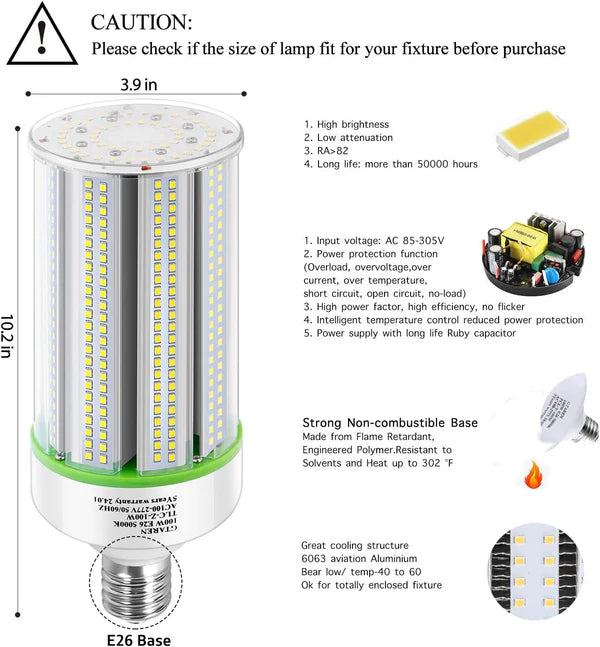 LED Corn Bulb, 80W, 11,200 lumens, 5000K, E26/E39 Base, 100-277 VAC - Lumens Depot