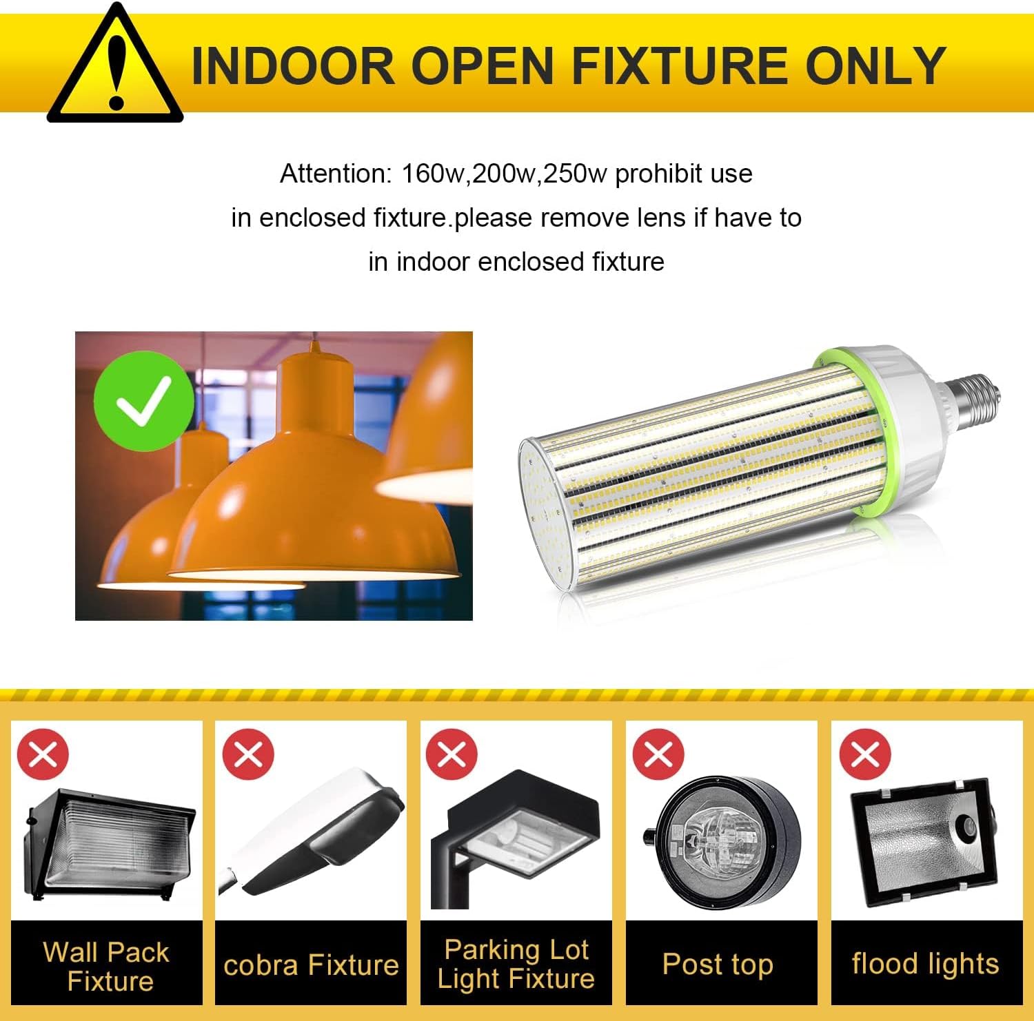 250W LED Corn Light 6300K E39 100-277VAC, No PC Cover – 37,500LM, Replaces 1000W MH/HPS/HID/CFL - Lumens Depot