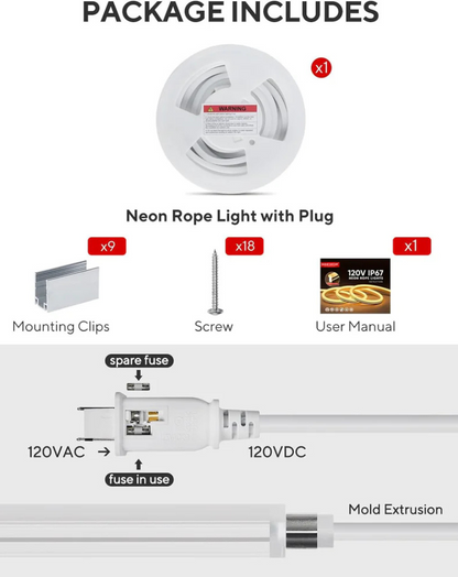 120V, 2800K, IP67 Waterproof Flexible Warm Outdoor Neon Rope Light Cold Resistant (-40℉)