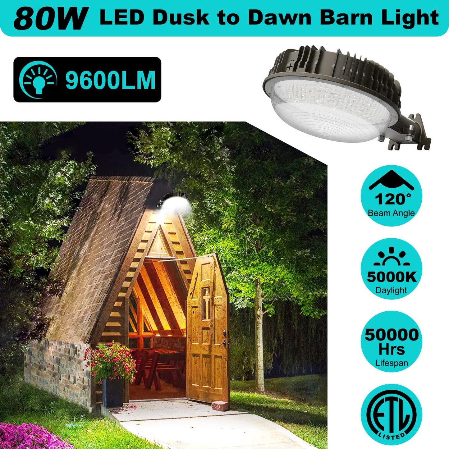 120W LED Barn Light with Photocell, 15,000LM, 5000K Daylight, IP65 Waterproof, ETL Listed, Outdoor Yard, Farm, Street, Security Flood Light Fixture - Lumens Depot