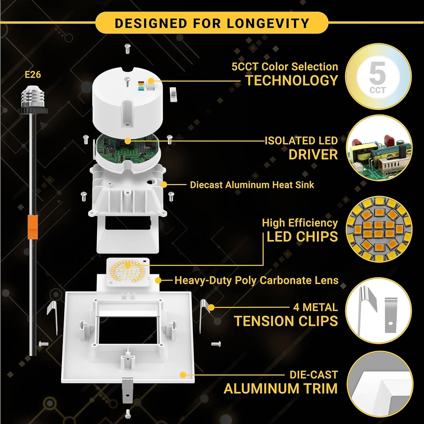 4" Square LED Retrofit Downlight - 5CCT Adjustable