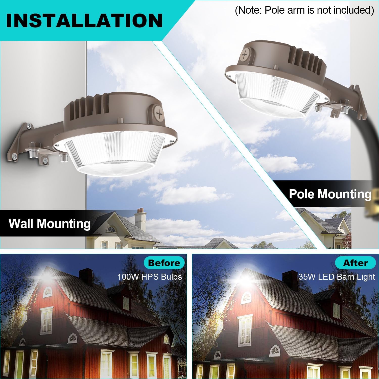 50W LED Barn Light with Photocell, 7000LM, 5000K Daylight, IP65 Wall Mount Farm & Yard Light, Dusk to Dawn Outdoor Security Area Light, 400W MH/HPS Equivalent, ETL Listed - Lumens Depot