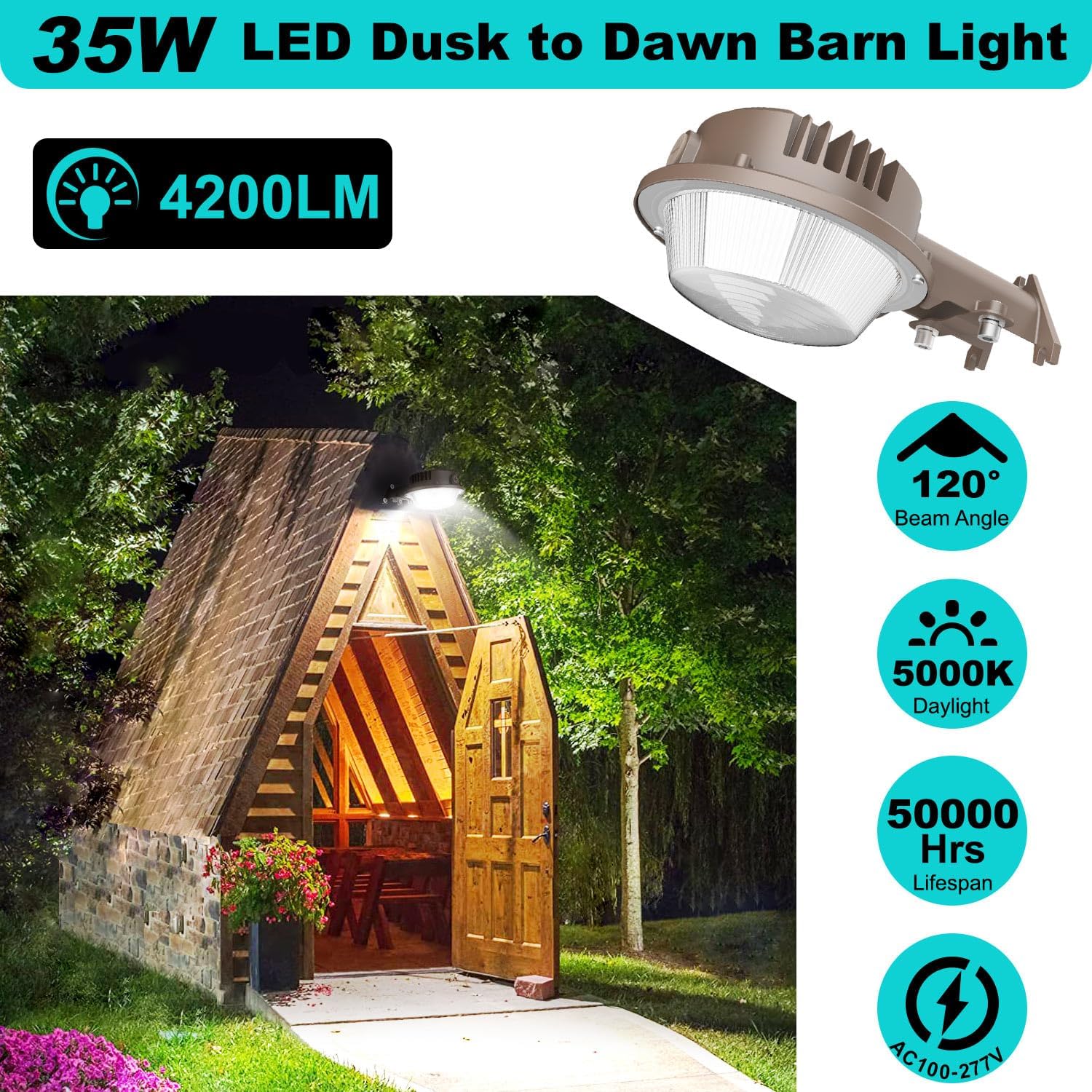 50W LED Barn Light with Photocell, 7000LM, 5000K Daylight, IP65 Wall Mount Farm & Yard Light, Dusk to Dawn Outdoor Security Area Light, 400W MH/HPS Equivalent, ETL Listed - Lumens Depot