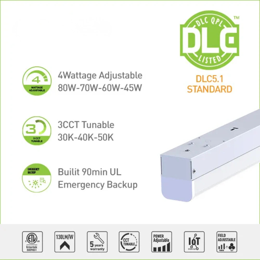 8FT LED Linear Strip Light - 2.5 Inch Width, Adjustable 80W/70W/60W/45W and CCT, 10,400 Lumens, 120-277 VAC
