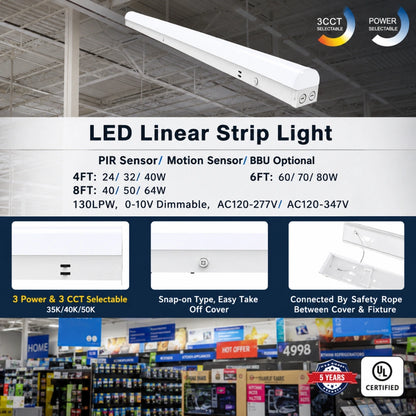 8FT LED Linear Strip Light Fixture, Selectable 60W/70W/80W and CCT 3500K/4000K/5000K, 5,200 Lumens
