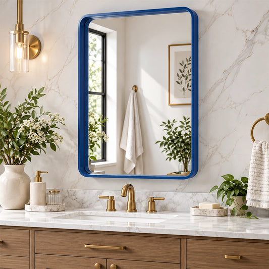 Blue Round Corner Metal Frame Mirror – Vertical or Horizontal Mount