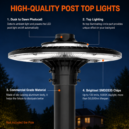 80W LED Post Top Light, 5000K, 100-277 VAC, 11200 Lumens, Built-in Photocell