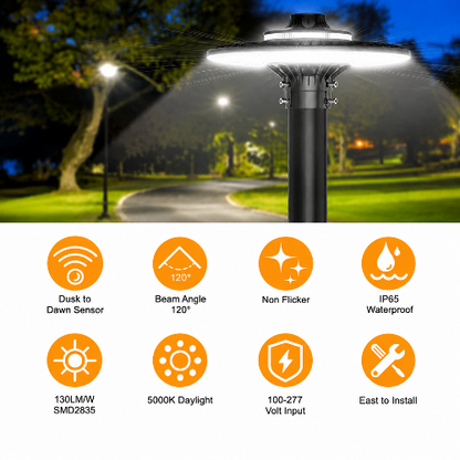 80W LED Post Top Light, 5000K, 100-277 VAC, 11200 Lumens, Built-in Photocell
