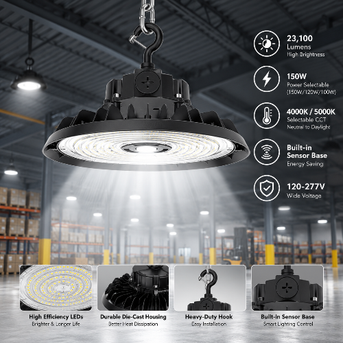 LED UFO High Bay Light - Built-in Sensor Base, Selectable Watt 150W/120W/100W and CCT 4000K/5000K, 23,100 Lumens, 120-277 VAC