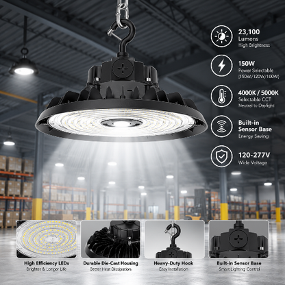 LED UFO High Bay Light - Built-in Sensor Base, Selectable Watt 150W/120W/100W and CCT 4000K/5000K, 23,100 Lumens, 120-277 VAC