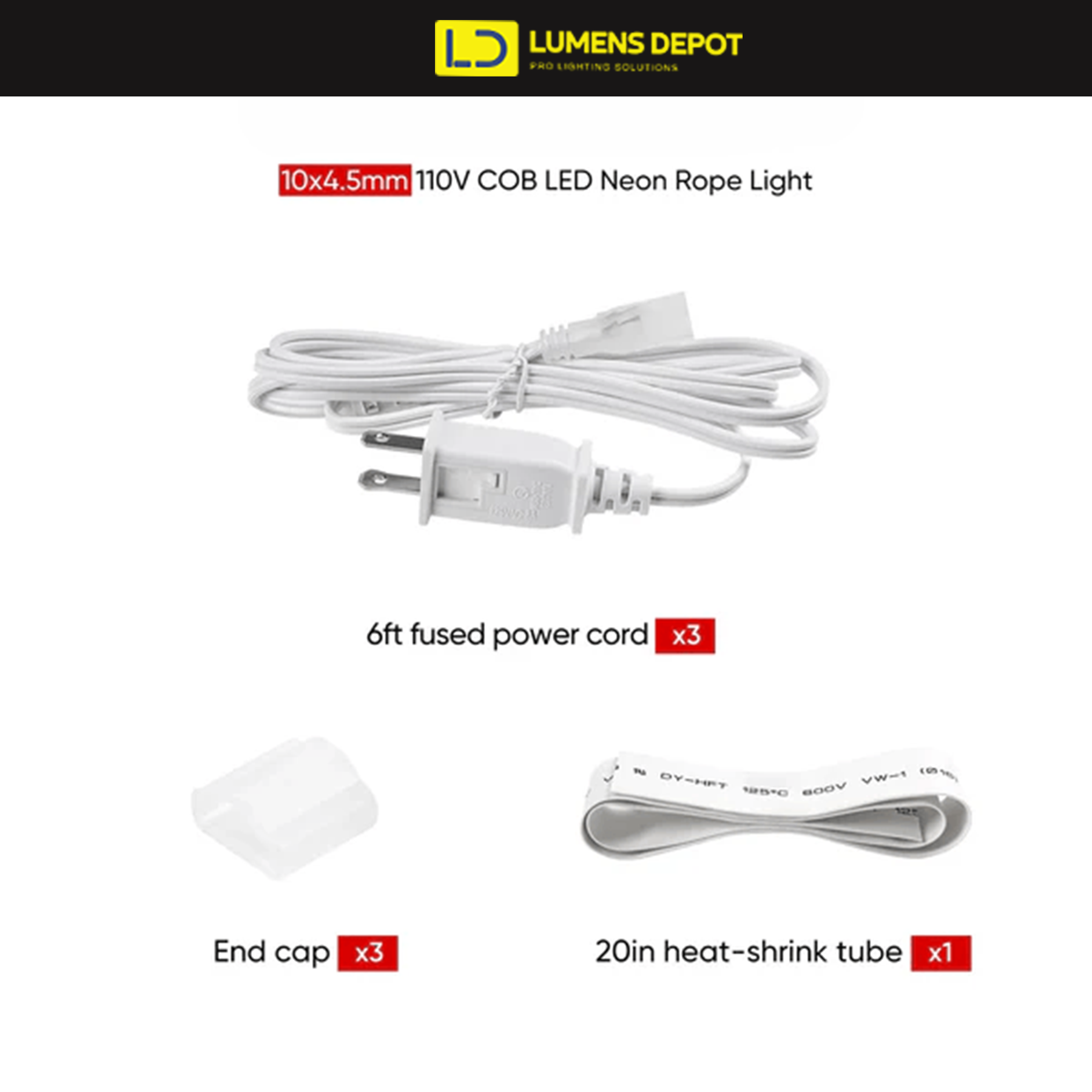 6FT Extra Power Cord Pack for 120V Flexible COB LED Neon Rope Light – 10x4.5mm - Lumens Depot