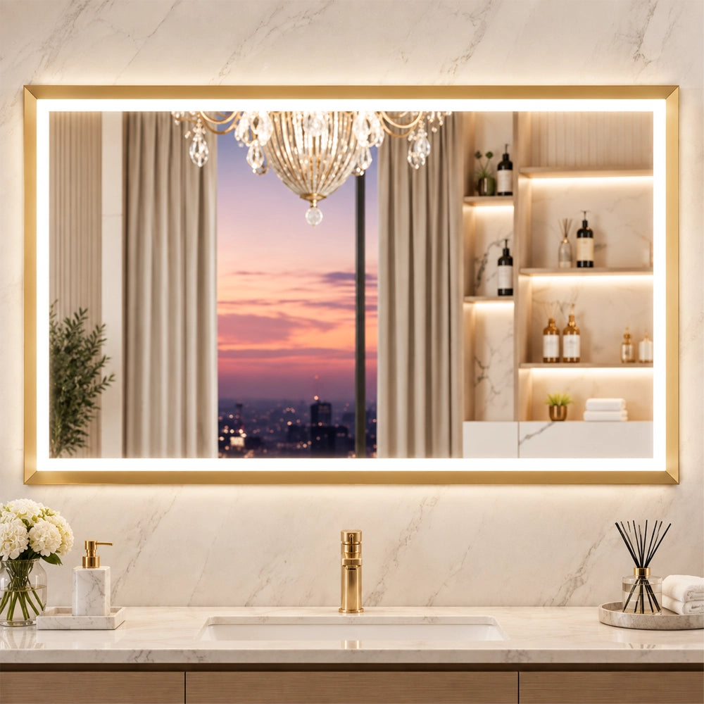 Gold Frontlit Metal Frame Mirror with LED Lighting & Modern Design