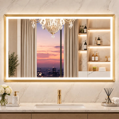 Gold Frontlit Metal Frame Mirror with LED Lighting & Modern Design