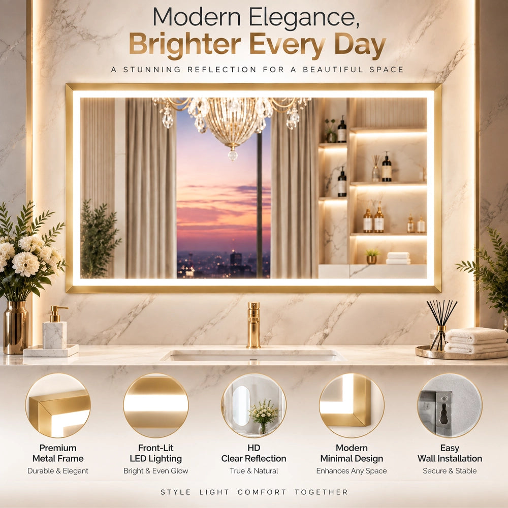 Gold Frontlit Metal Frame Mirror with LED Lighting & Modern Design