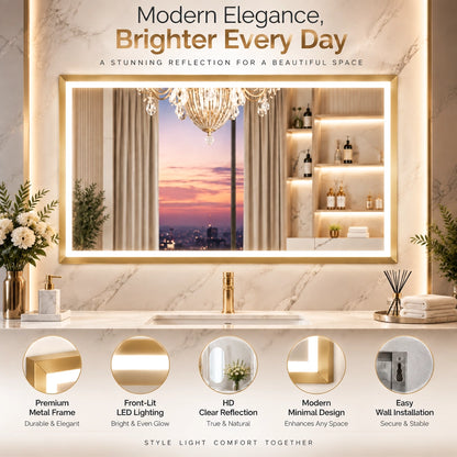 Gold Frontlit Metal Frame Mirror with LED Lighting & Modern Design