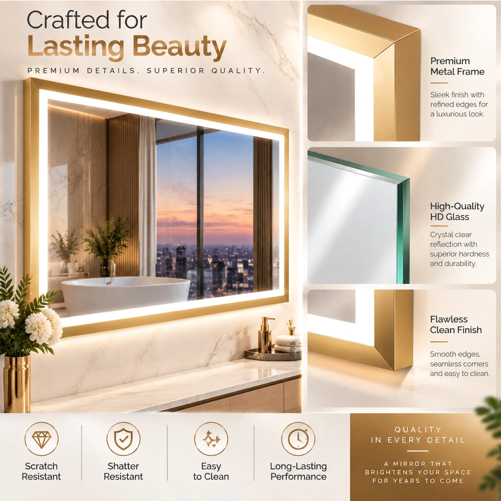 Gold Frontlit Metal Frame Mirror with LED Lighting & Modern Design