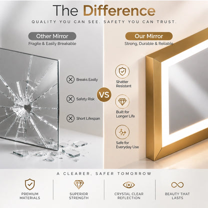 Gold Frontlit Metal Frame Mirror with LED Lighting & Modern Design