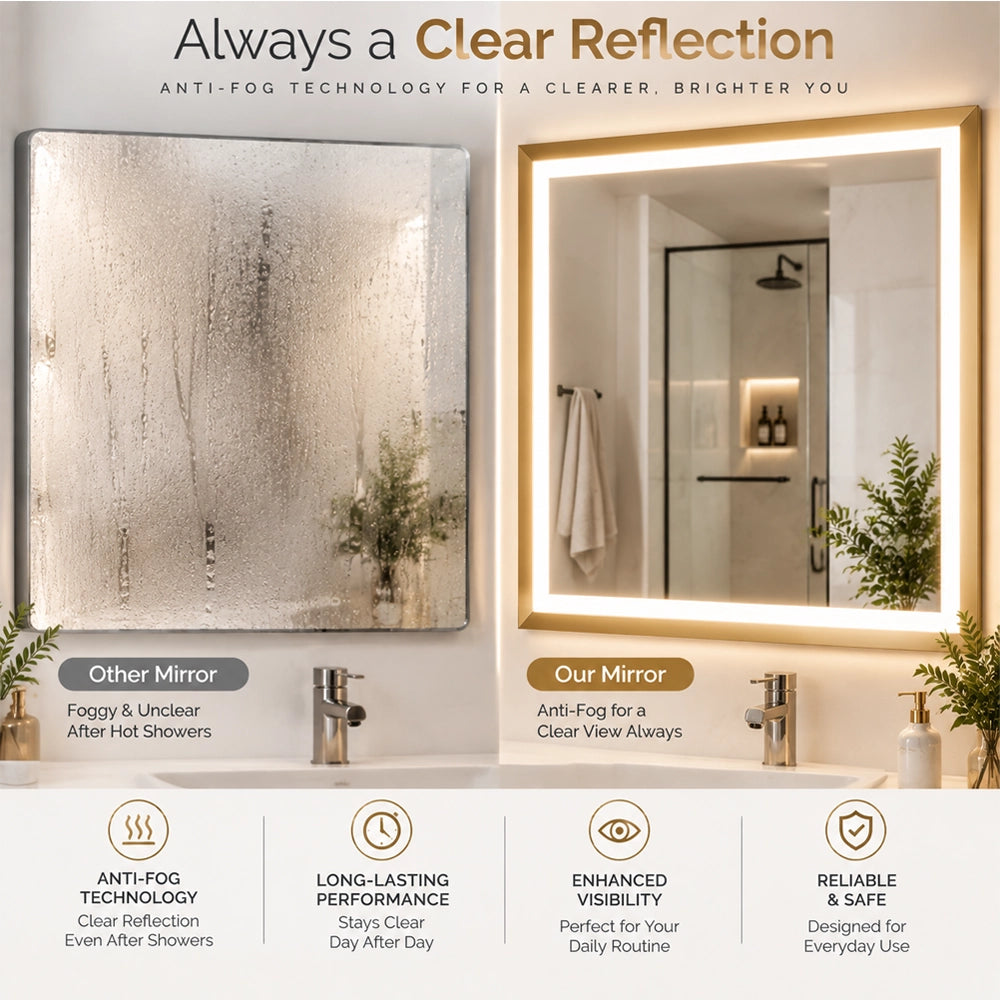 Gold Frontlit Metal Frame Mirror with LED Lighting & Modern Design