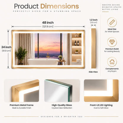 Gold Frontlit Metal Frame Mirror with LED Lighting & Modern Design
