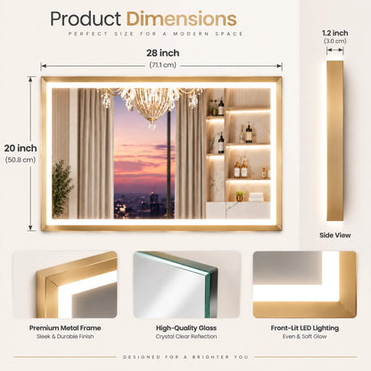 Gold Frontlit Metal Frame Mirror with LED Lighting & Modern Design