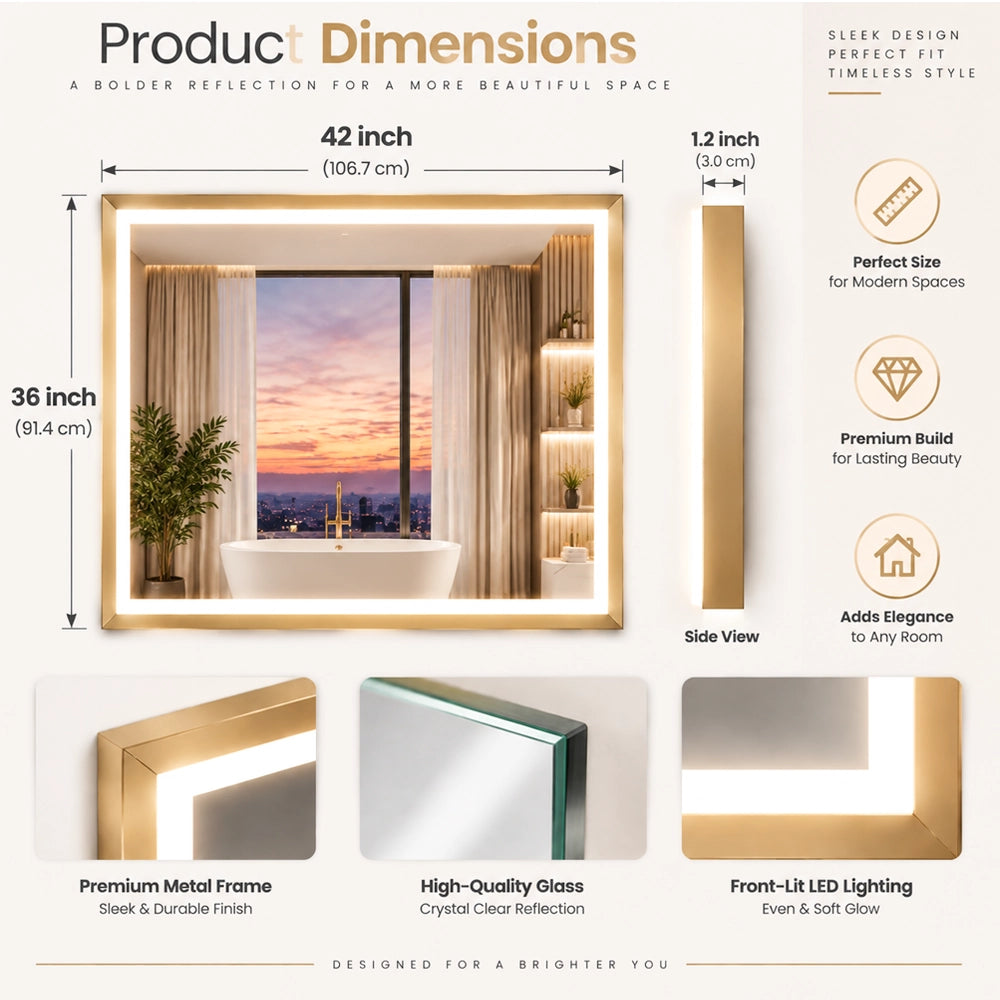 Gold Frontlit Metal Frame Mirror with LED Lighting & Modern Design