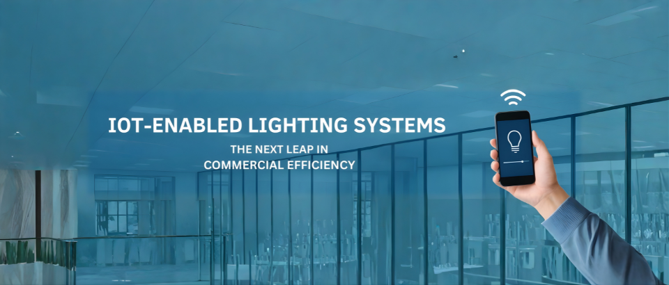 Modern commercial office space illuminated with IoT-enabled smart LED lighting systems, showcasing connected sensors and data integration for energy efficiency.