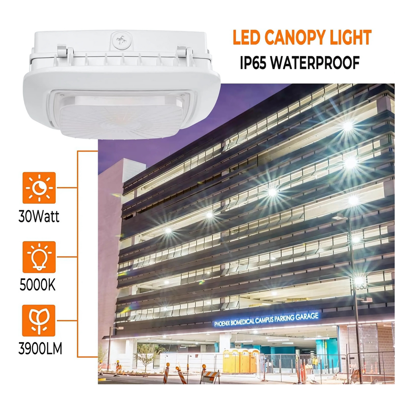 LED Canopy Light - Built-in Motion Sensor, Selectable 75W/50W/30W and CCT, 9,800 Lumens, 100-277 VAC, PC Lens