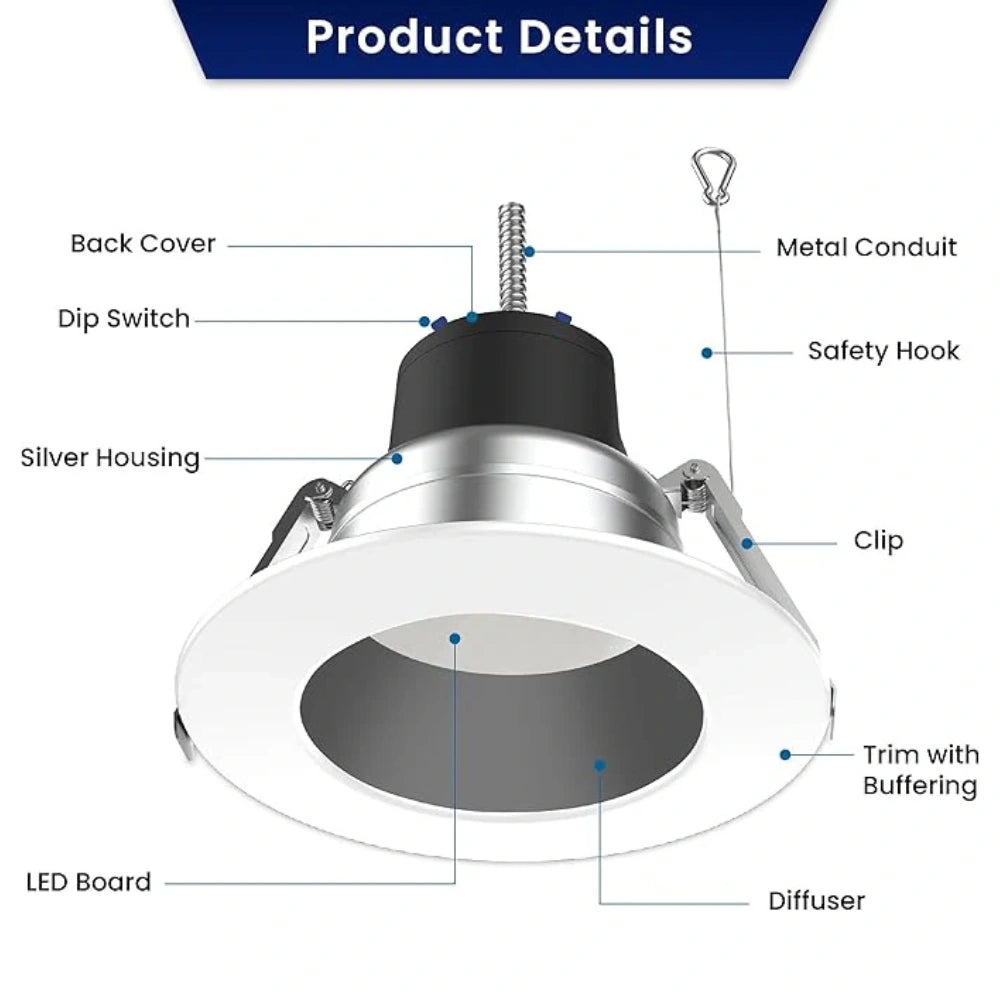 LED Commercial DownLight, 6 Inch, Selectable 27W/19W/13W and CCT 2700K-5000K, 3,000 Lumens, 120-347 VAC