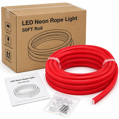 LED Neon Rope Light – 50FT Roll - 144W - 24V DC - Red - UL Listed