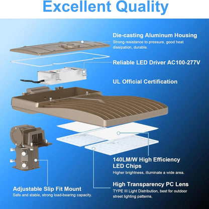 LED Parking Lot Light, 400W, 5000K, 56,879 Lumens, 277-480 VAC, Built-in Photocell, Slip Fitter Mount