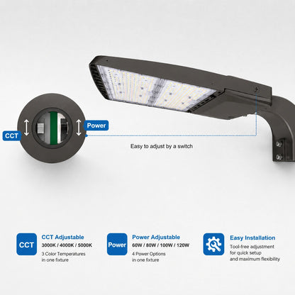 LED Parking Lot Light, 80W/100W/120W/150W Selectable, 5000K, 22,500 Lumens, Shorting Cap Included